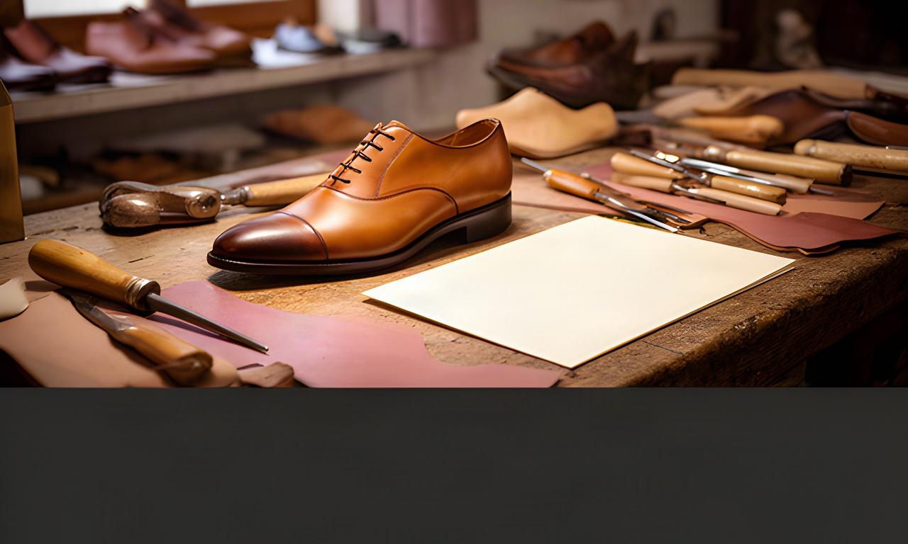 Banco di lavoro con scarpe in pelle, strumenti da calzolaio e documento cartaceo in un laboratorio di Putignano