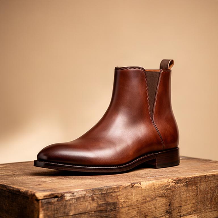 Stivale classico in pelle di vitello marrone appoggiato su una superficie in legno